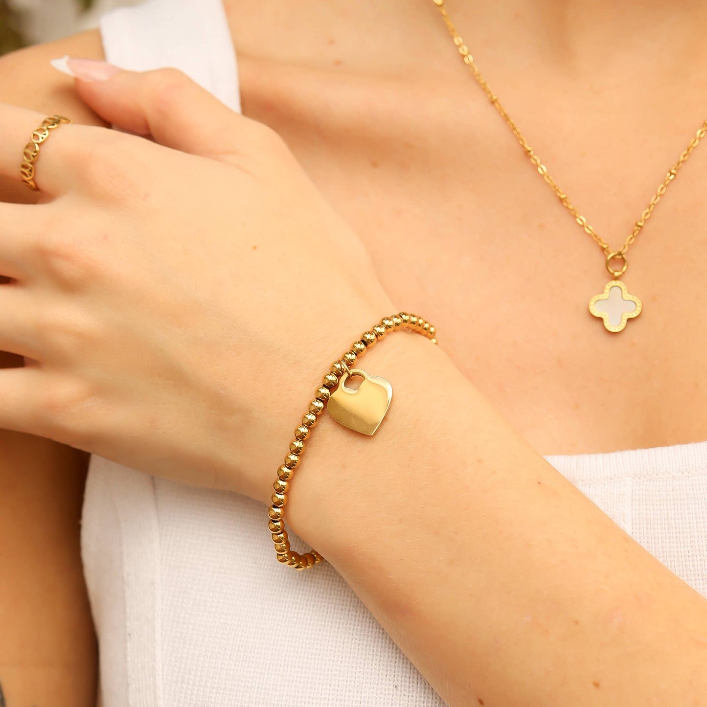 18K PVD Coated Stainless Steel Heart And Bead Stretch Bracelet
