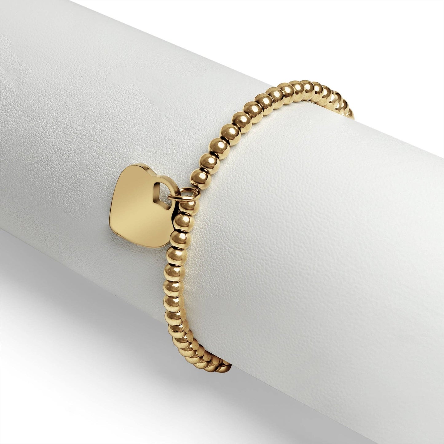 18K PVD Coated Stainless Steel Heart And Bead Stretch Bracelet