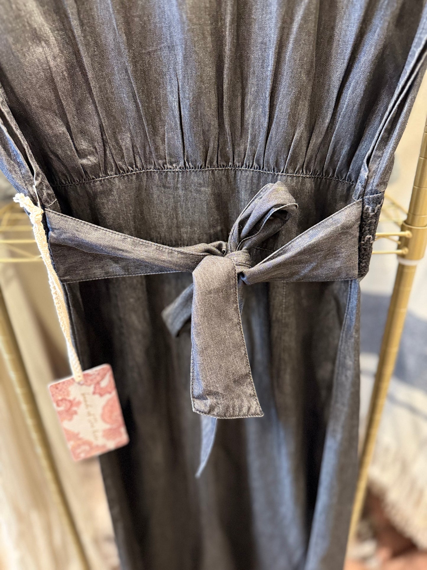 Black Chambray Defined Waist Midi Dress