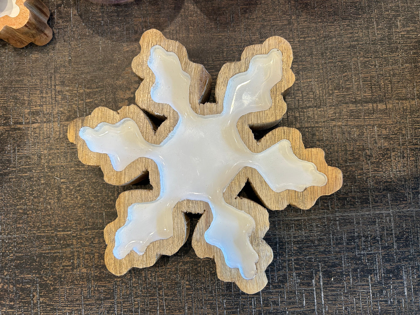 White Enamel Snowflake with Wood Trim
