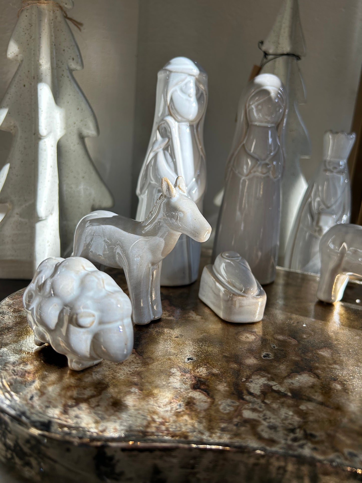 Stoneware Nativity Set, Reactive Glaze, White, Set of 9 (Each Will Vary)