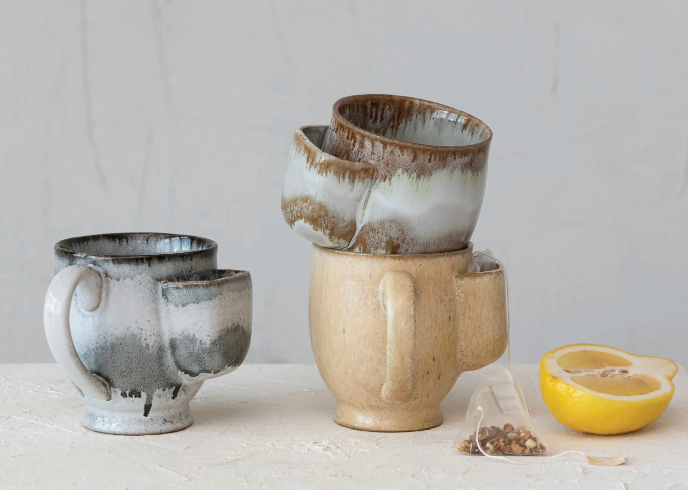 12 oz. Stoneware Mug w/ Tea Bag Holder, Reactive Glaze, 3 Colors (Each One Will Vary)