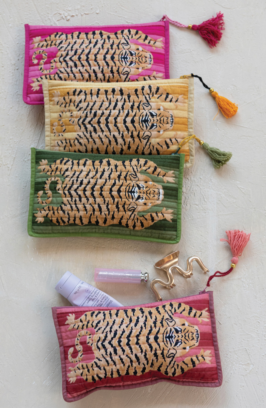 Cotton Voile  Zip Pouch w/Tiger , 4 Colors