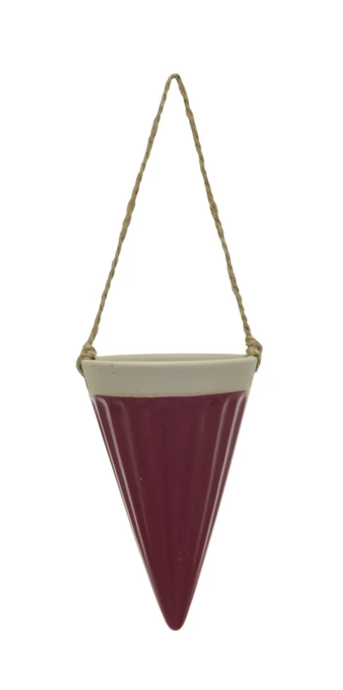 Debossed Stoneware Hanging Cone Vase w/ Jute Rope Hanger, 3 Colors