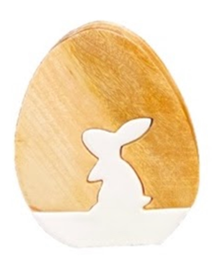 White Enamel and Wood Egg w/ Rabbit