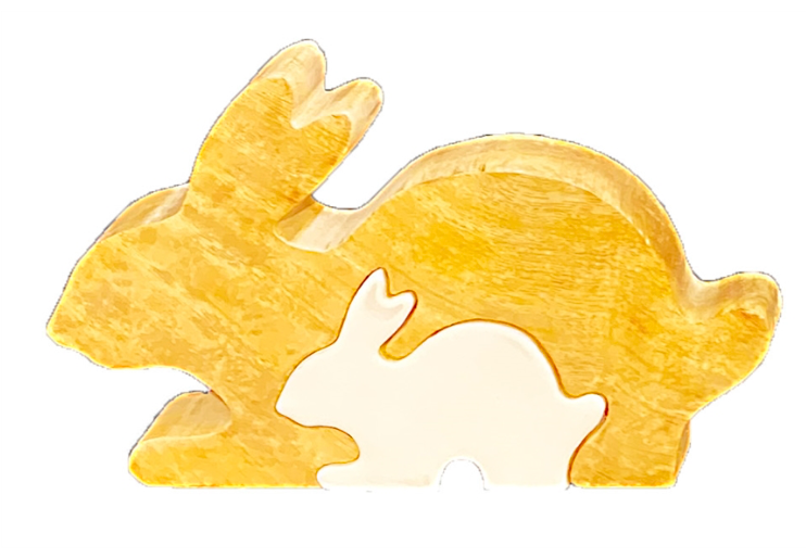 White Enamel and Wood Rabbit & Rabbit Puzzle