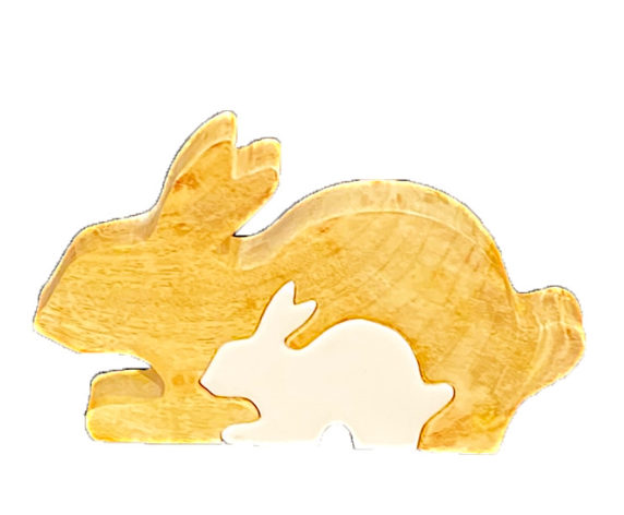 White Enamel and Wood Rabbit & Rabbit Puzzle