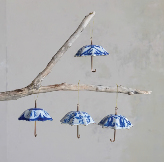 Hand-Painted Stoneware & Metal Umbrella Ornament with Pattern, 4 Styles