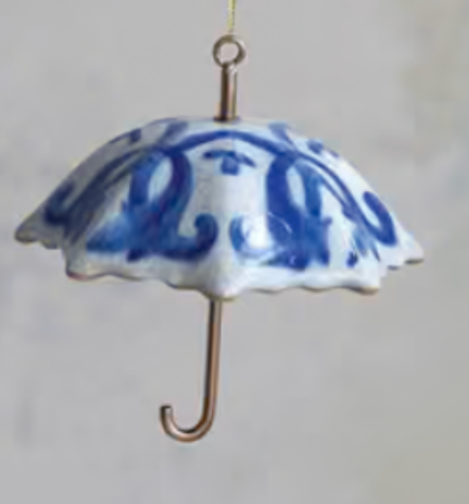 Hand-Painted Stoneware & Metal Umbrella Ornament with Pattern, 4 Styles