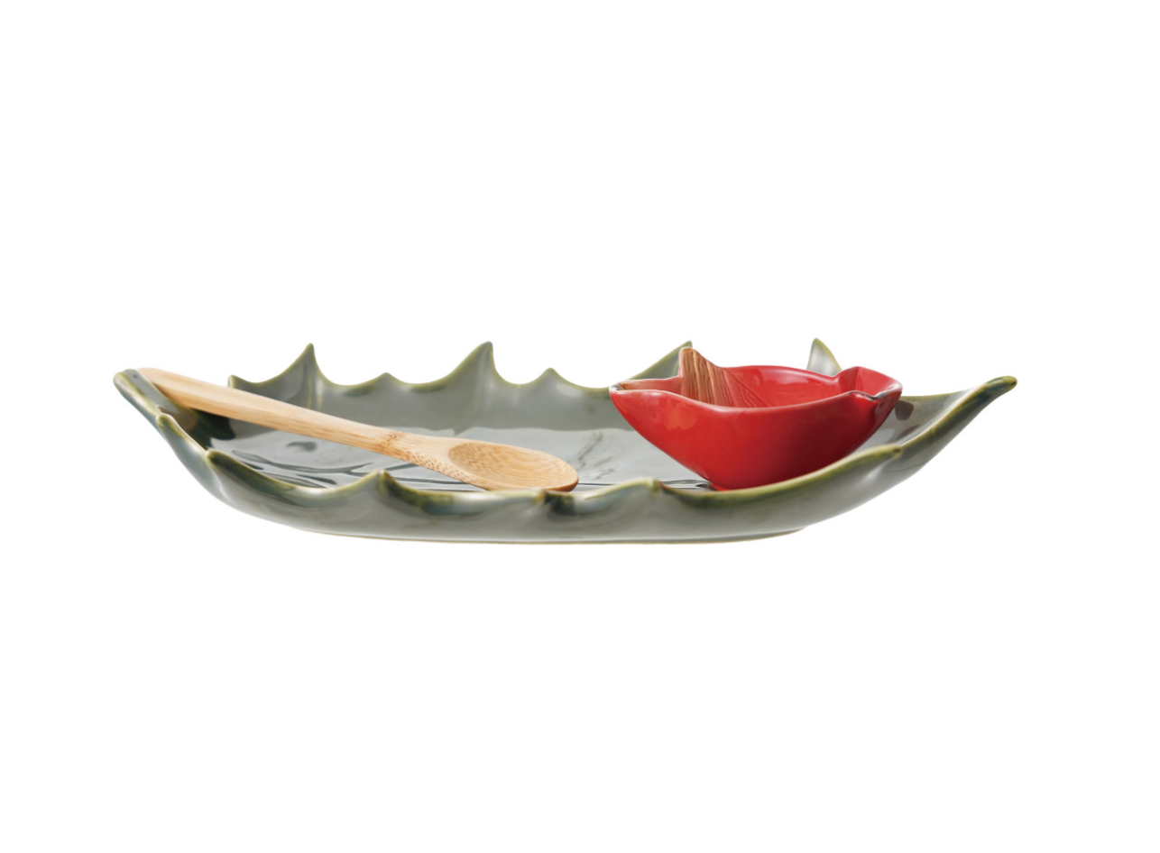 Holly Leaf Serving Tray and Cardinal Dish