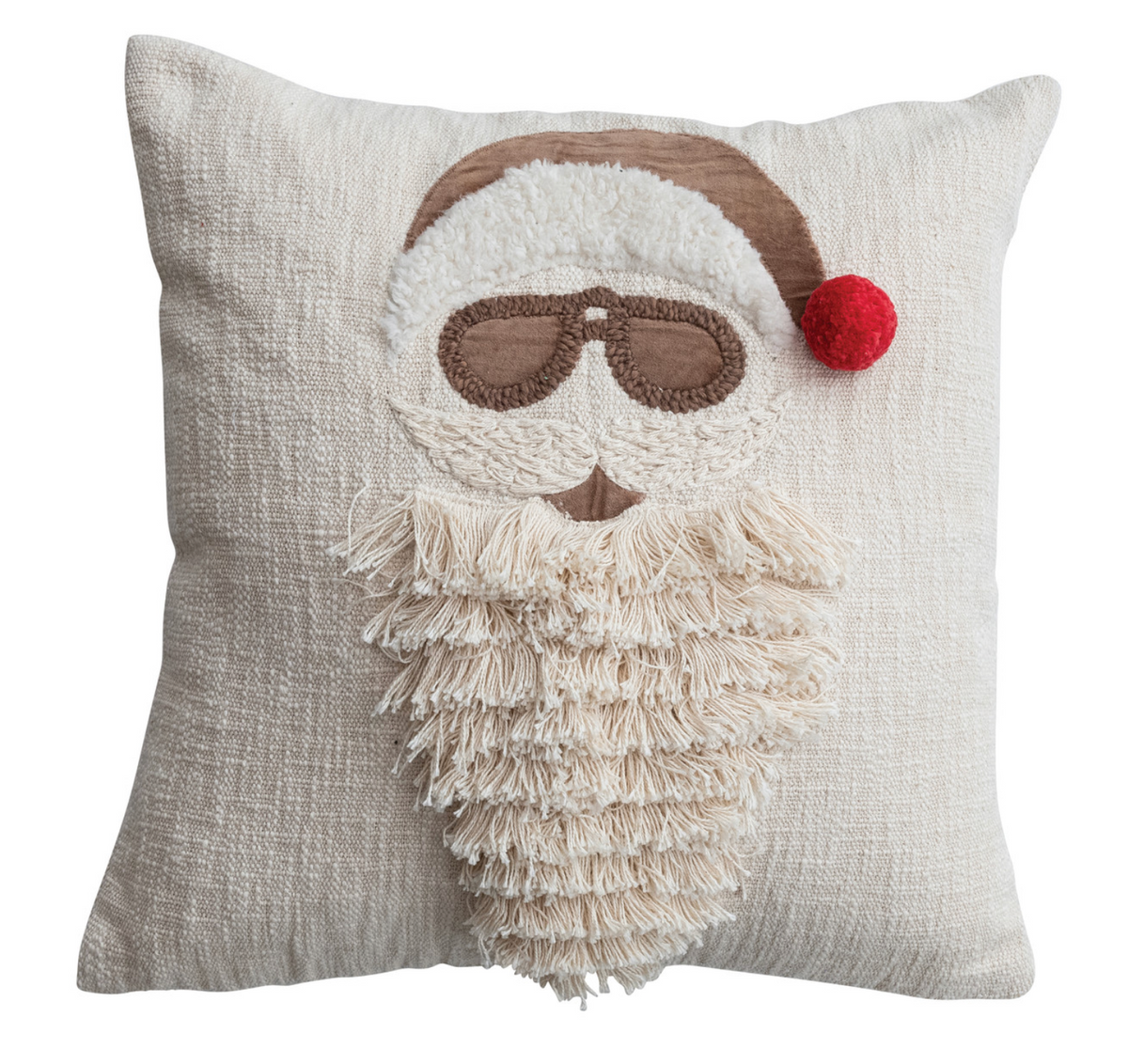 20" Square Pillow with Embroidered Image, Pom Pom & Fringe Beard