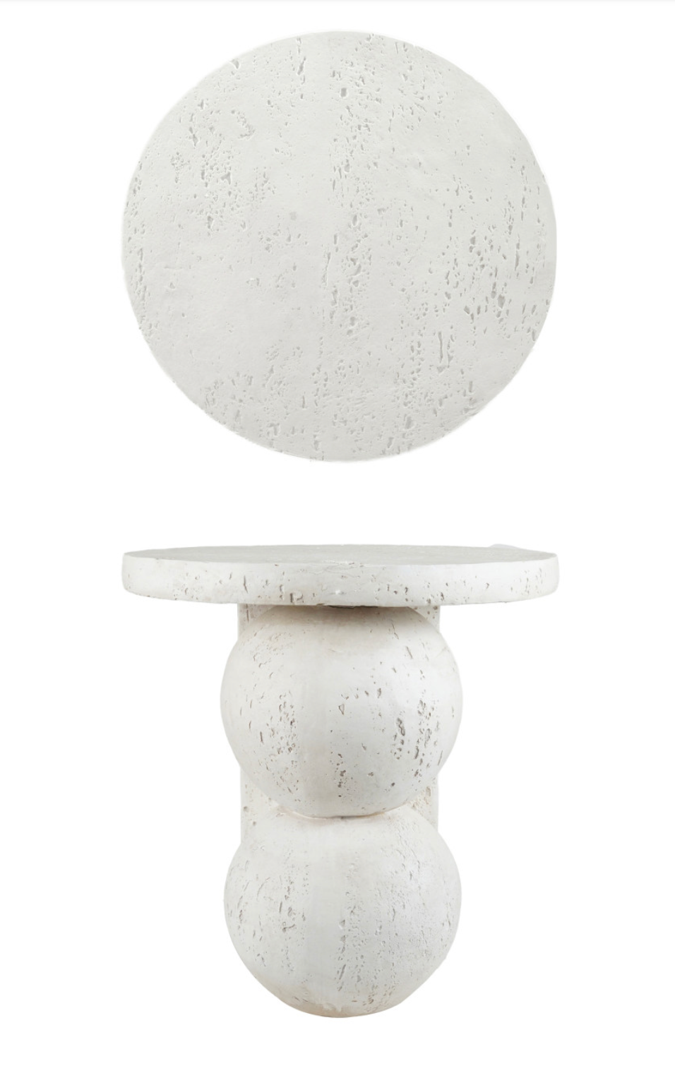 Resin Table with Stacked Ball Base, Travertine Finish, Cream Color