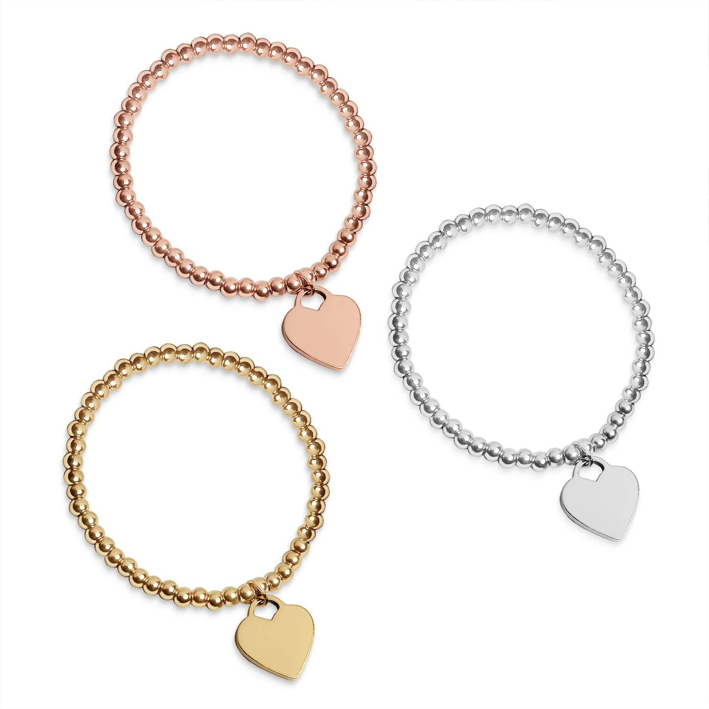 18K PVD Coated Stainless Steel Heart And Bead Stretch Bracelet