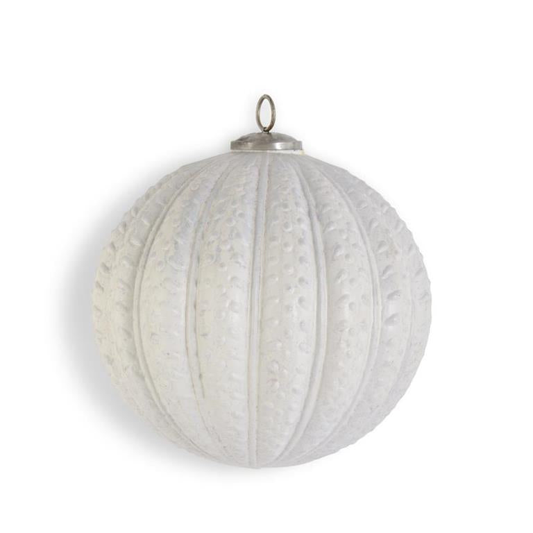5.25 Inch Distressed White Glass Embossed Ball