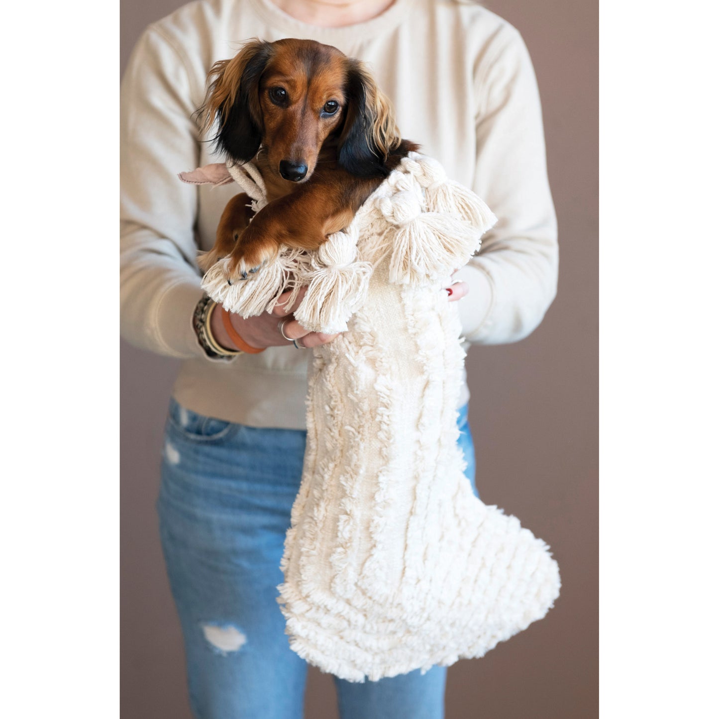 Cotton Slub Stocking with Tufting and Tassels, Cream Color, 2 Styles