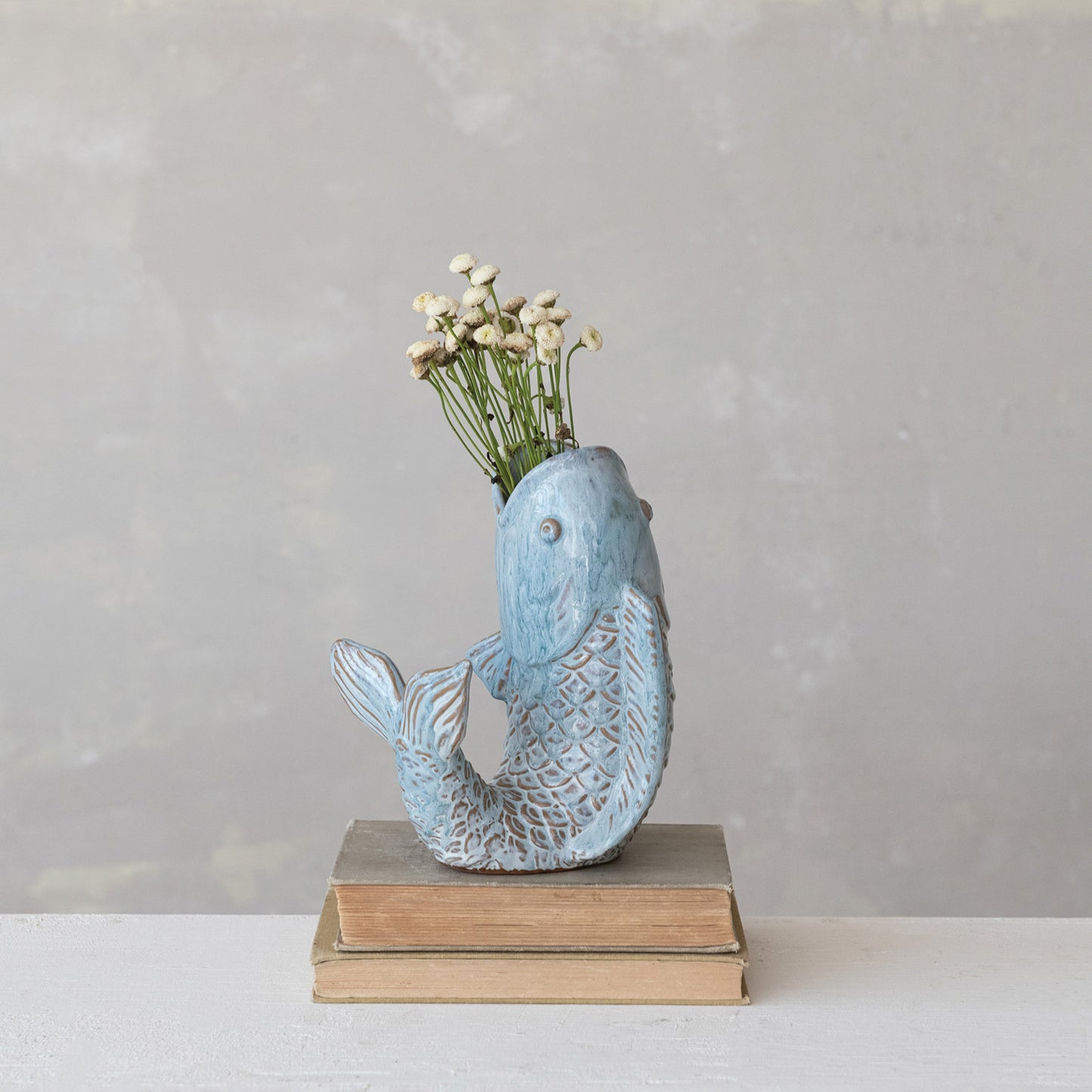 Stoneware Fish Shaped Vase with Reactive Glaze