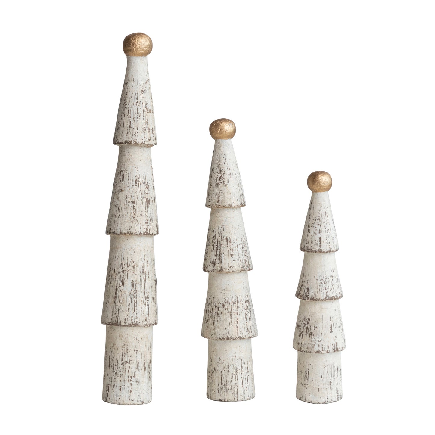 S/3 Paper Mache Trees w/ Gold Ball Top, Distressed Cream Color