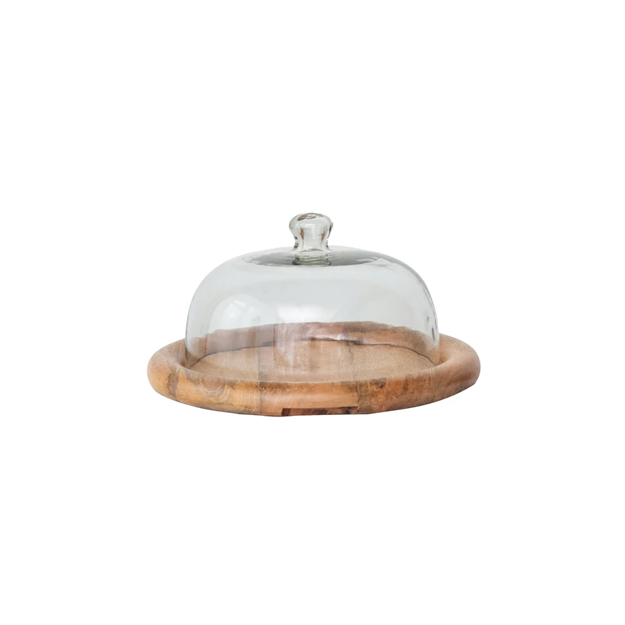 Glass Cloche with Mango Wood Base