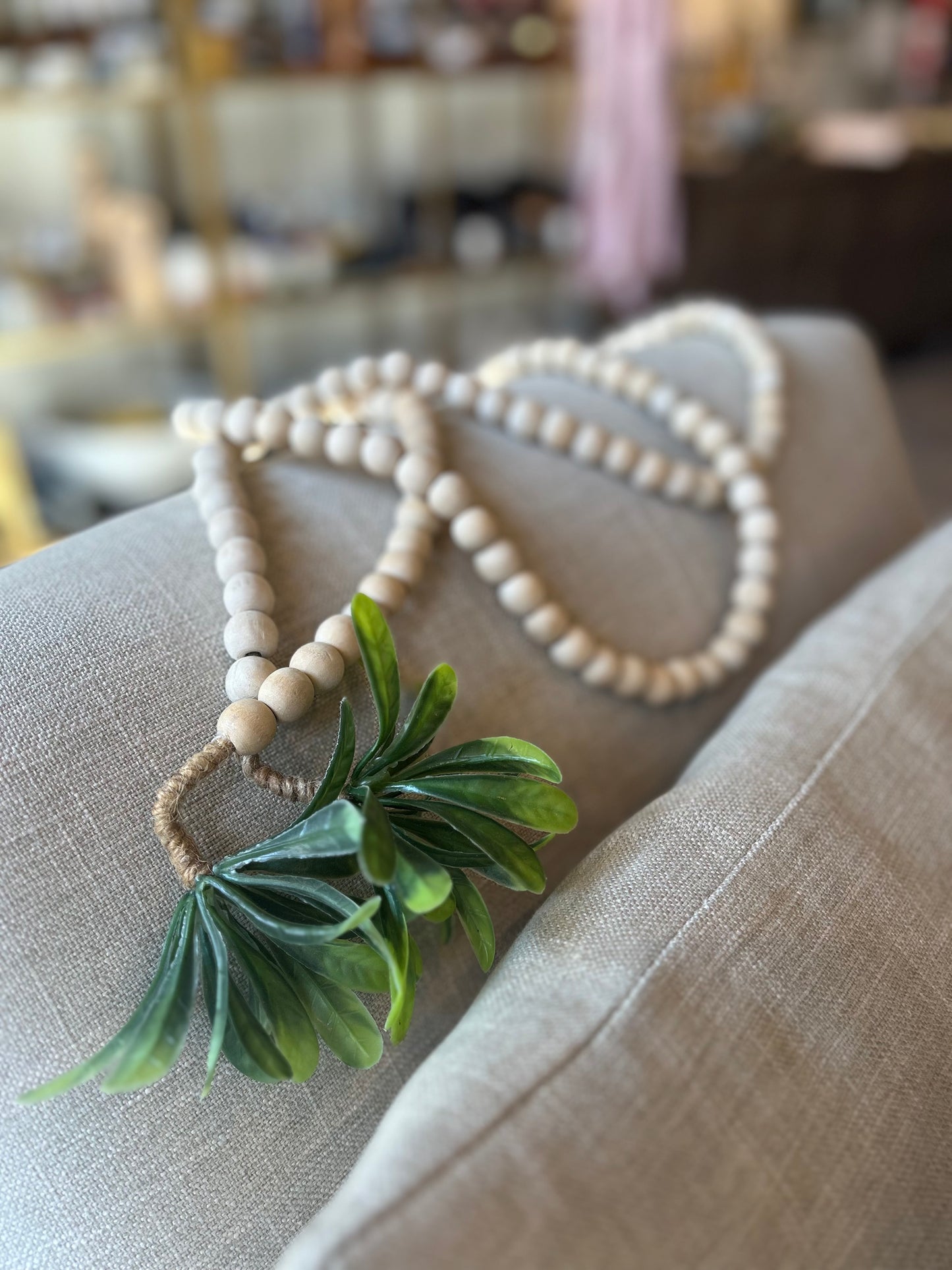 Wood Bead Garland w/ Faux Greenery Tassels