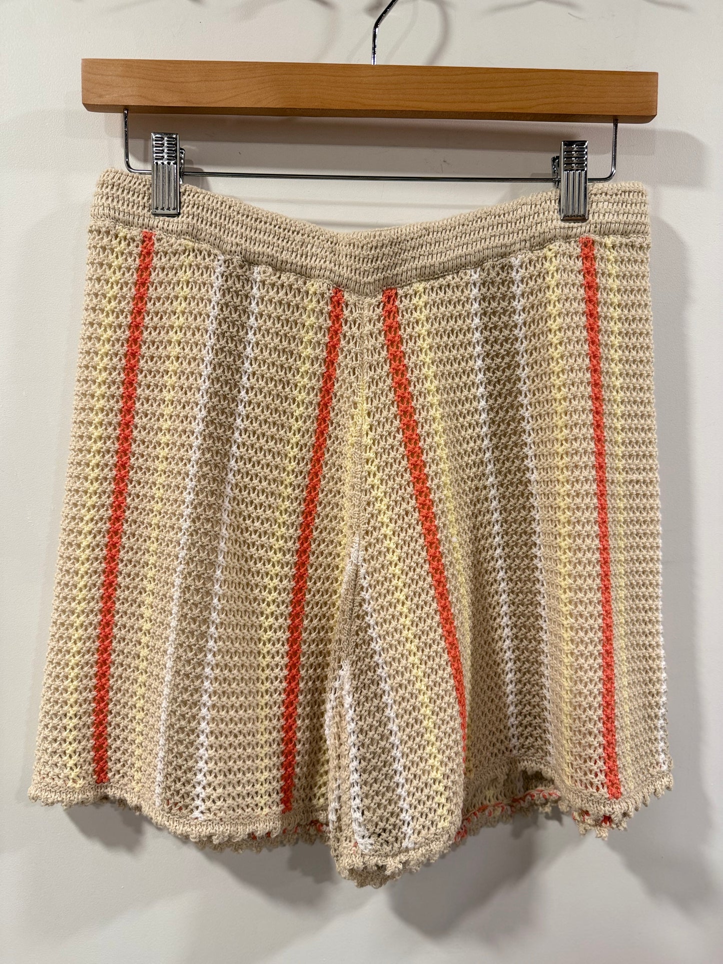 Ecru Striped Crochet Pull-On Shorts