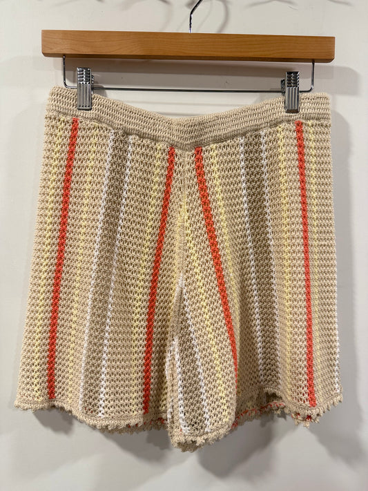 Ecru Striped Crochet Pull-On Shorts