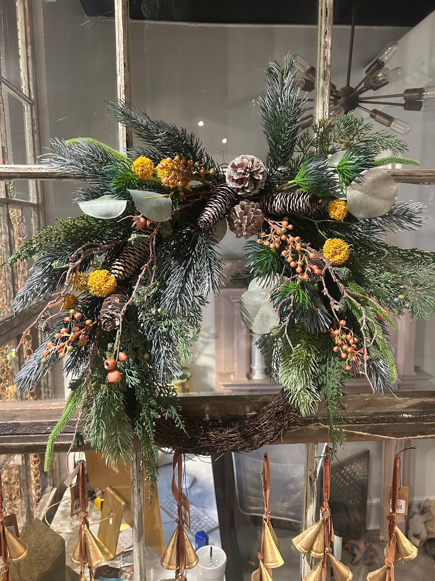 Faux Mixed Evergreen Wreath with Pinecones