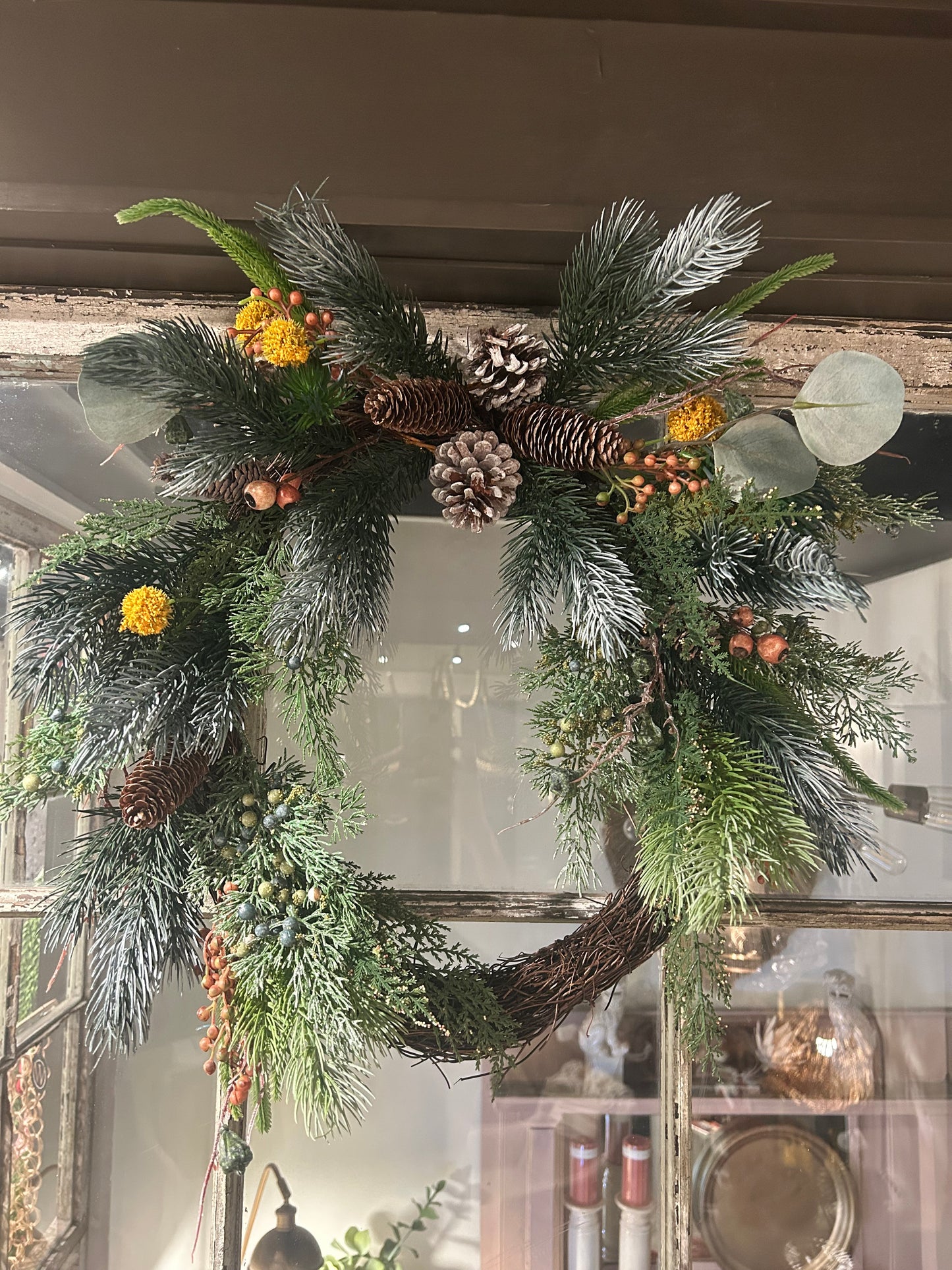 Faux Mixed Evergreen Wreath with Pinecones