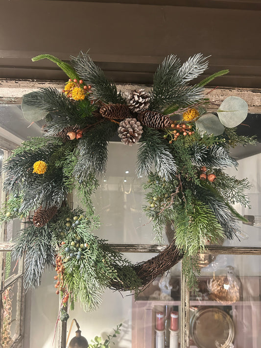 Faux Mixed Evergreen Wreath with Pinecones