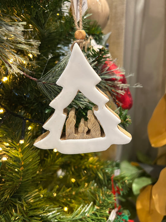Wood and Enamel Tree Nativity Ornament