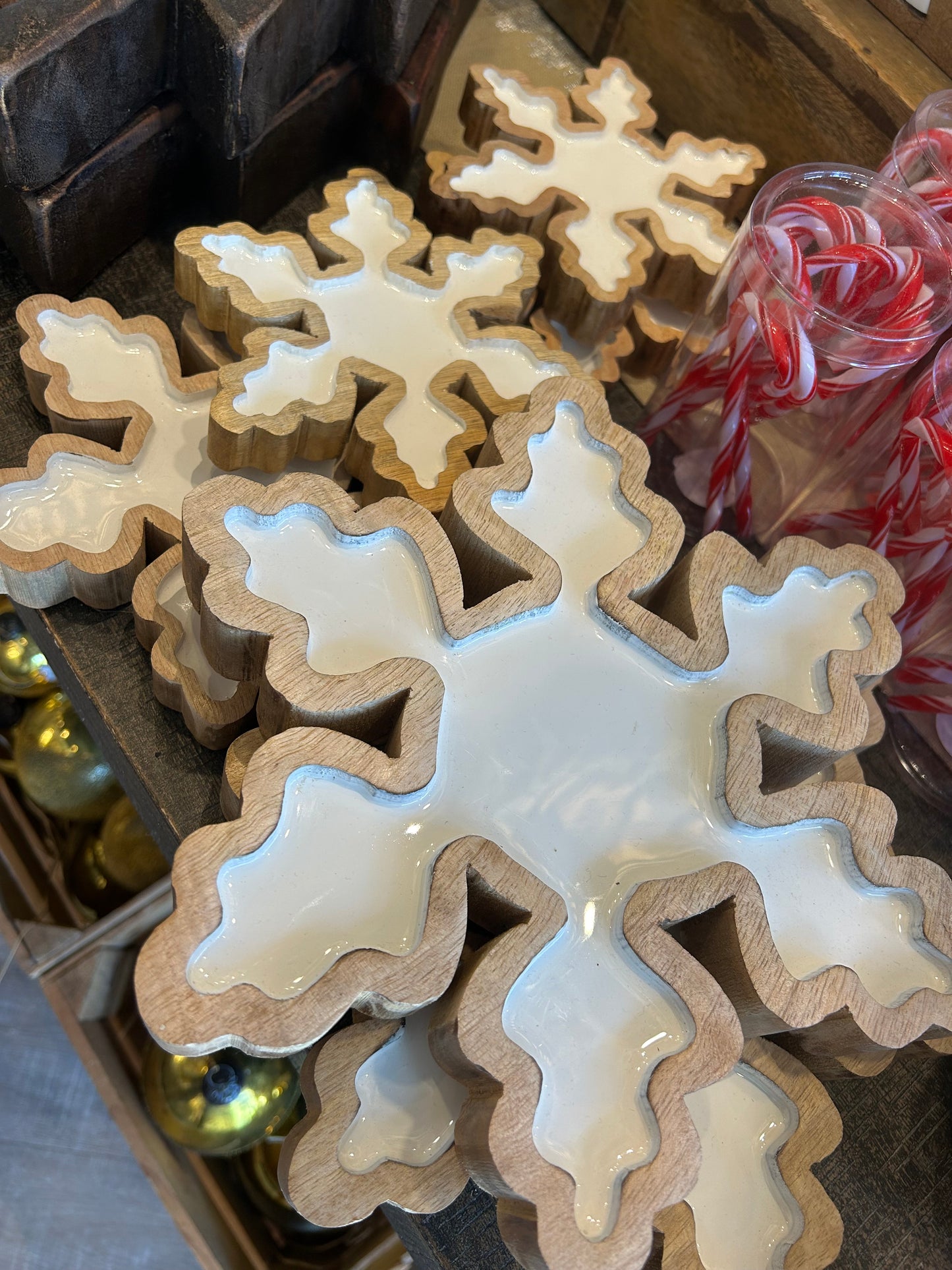 White Enamel Snowflake with Wood Trim