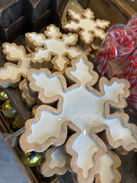 White Enamel Snowflake with Wood Trim