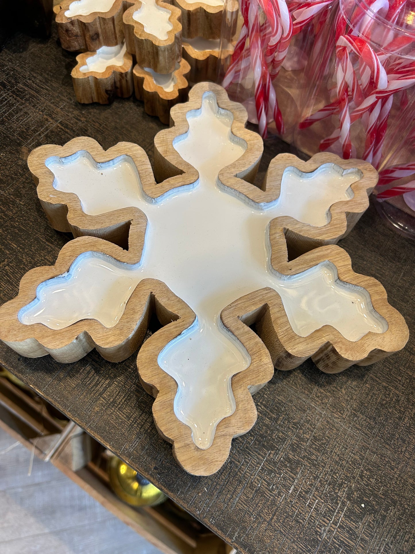 White Enamel Snowflake with Wood Trim