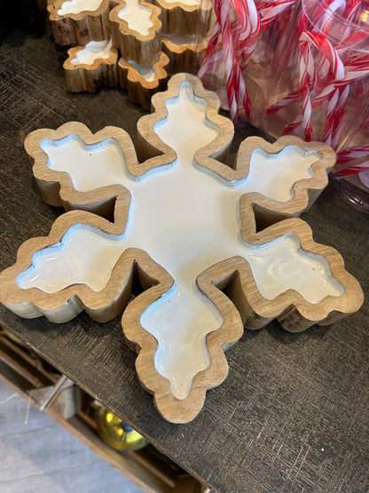 White Enamel Snowflake with Wood Trim