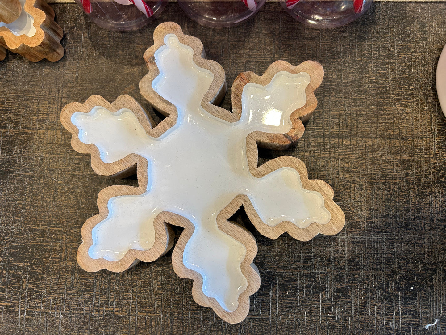 White Enamel Snowflake with Wood Trim