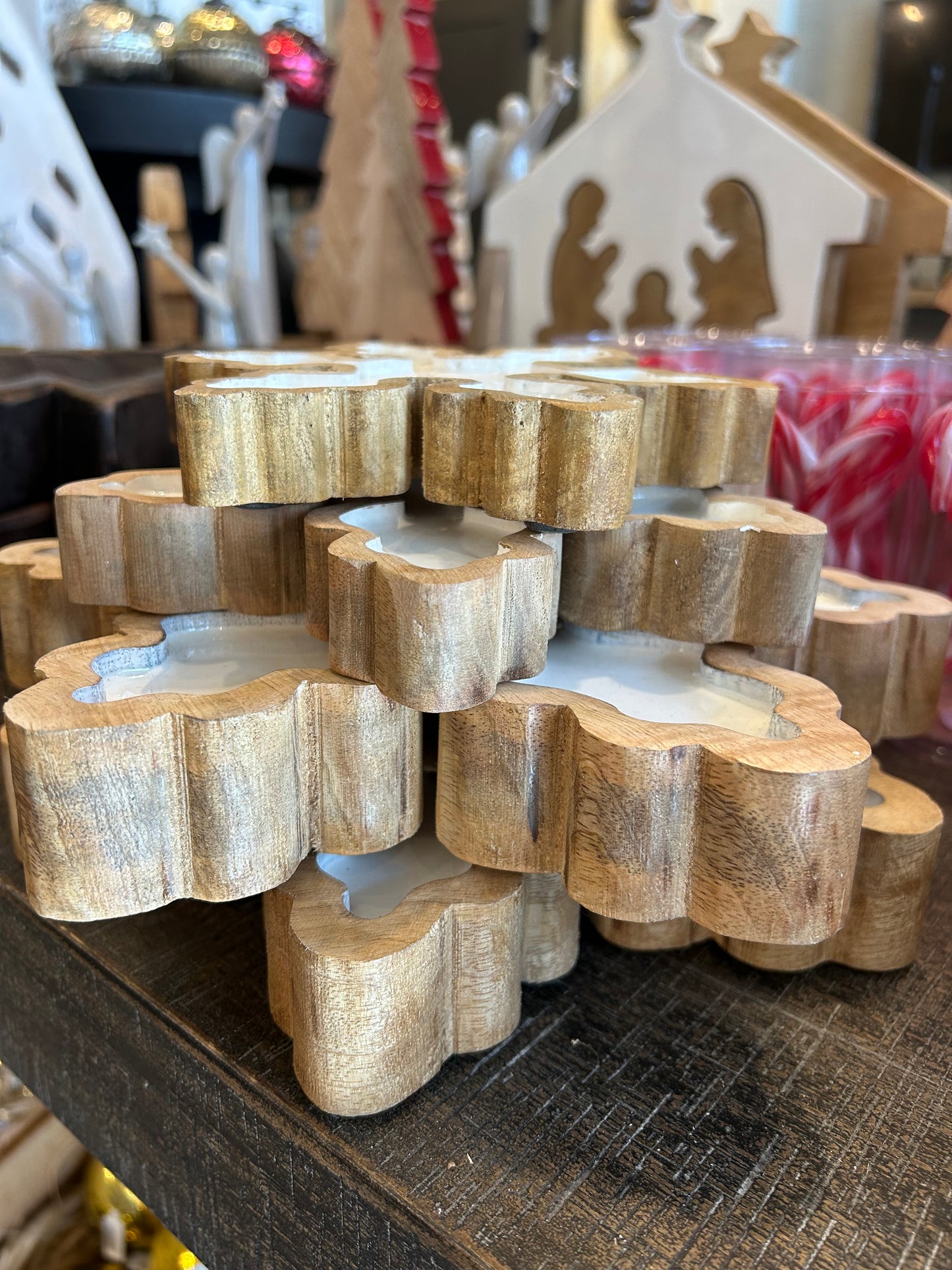 White Enamel Snowflake with Wood Trim