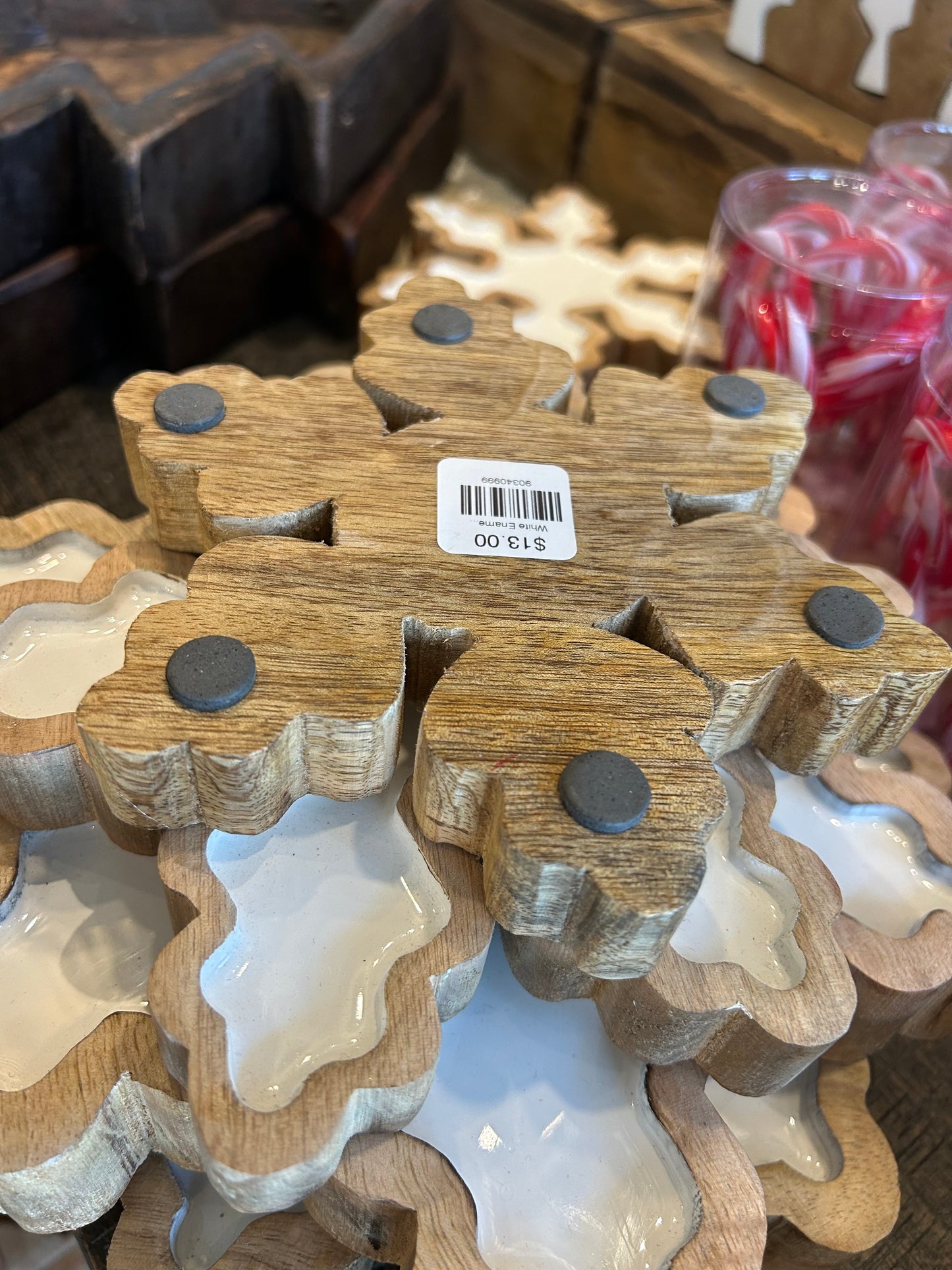 White Enamel Snowflake with Wood Trim