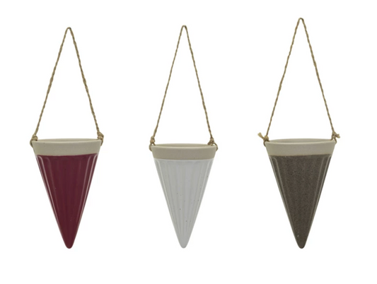 Debossed Stoneware Hanging Cone Vase w/ Jute Rope Hanger, 3 Colors