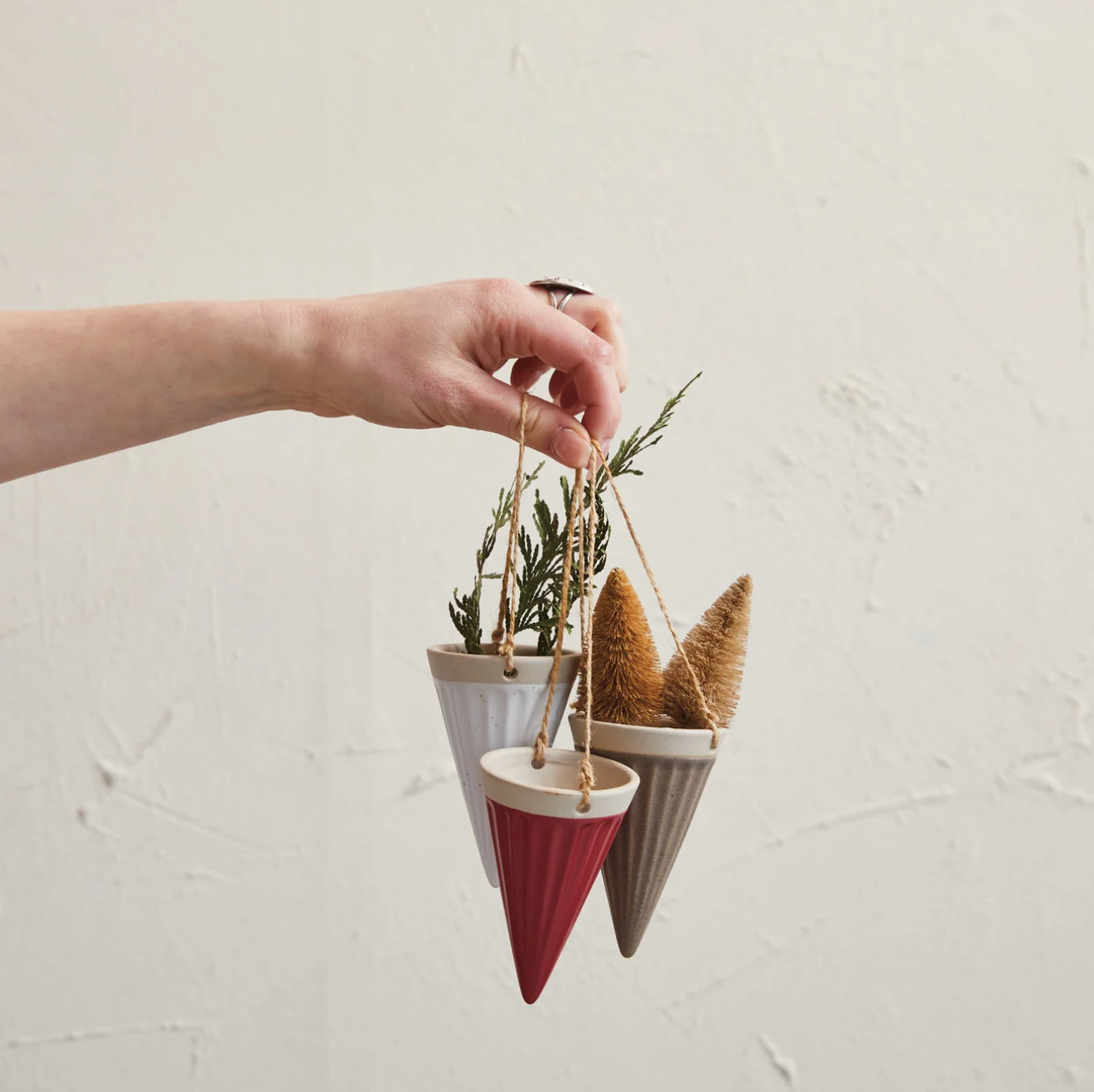 Debossed Stoneware Hanging Cone Vase w/ Jute Rope Hanger, 3 Colors