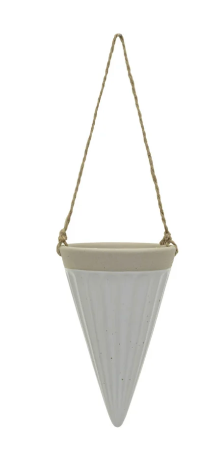 Debossed Stoneware Hanging Cone Vase w/ Jute Rope Hanger, 3 Colors