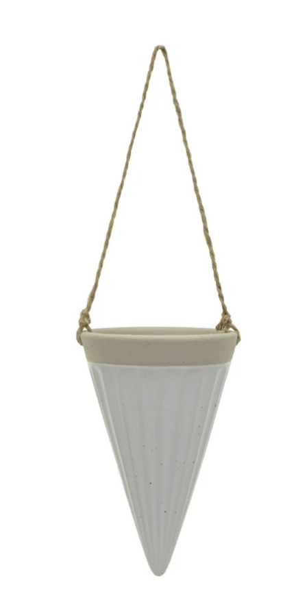 Debossed Stoneware Hanging Cone Vase w/ Jute Rope Hanger, 3 Colors