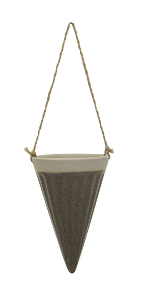 Debossed Stoneware Hanging Cone Vase w/ Jute Rope Hanger, 3 Colors