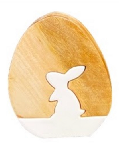 White Enamel and Wood Egg w/ Rabbit