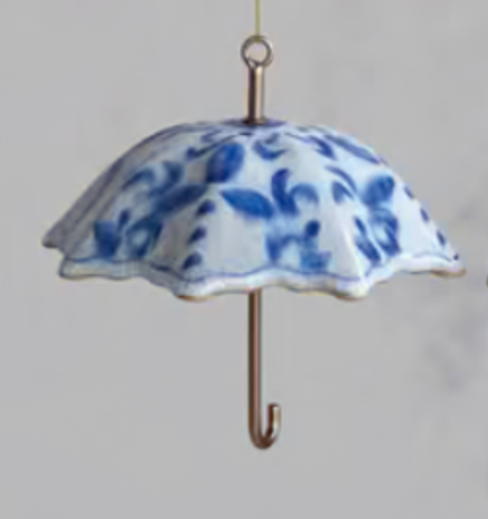 Hand-Painted Stoneware & Metal Umbrella Ornament with Pattern, 4 Styles