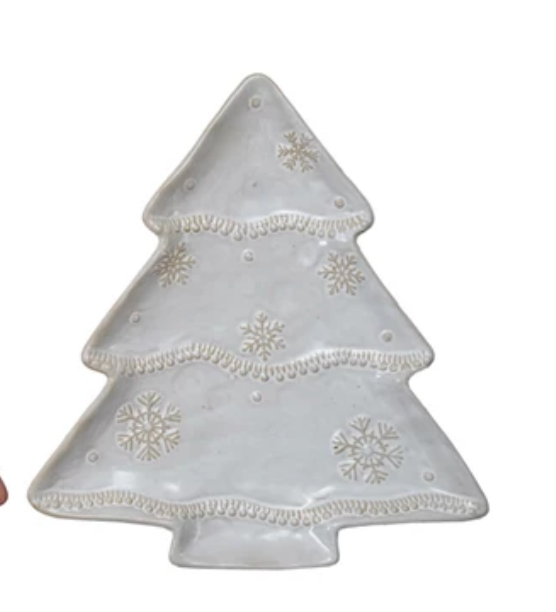 Stoneware Tree  and Snowflake Shaped Plate with Snowflakes, 2 Colors
