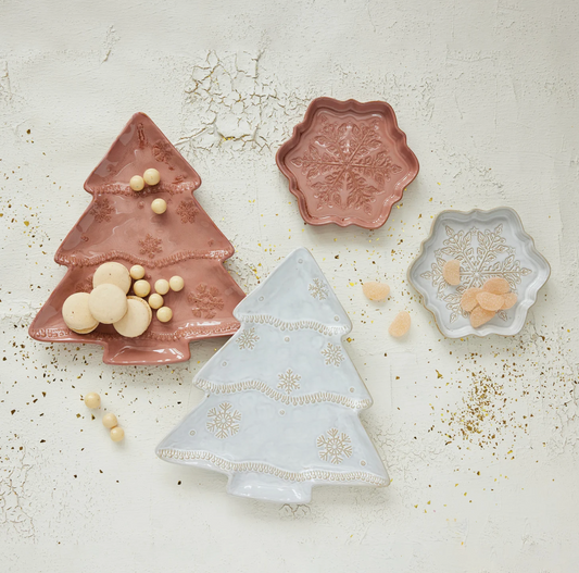 Stoneware Tree  and Snowflake Shaped Plate with Snowflakes, 2 Colors