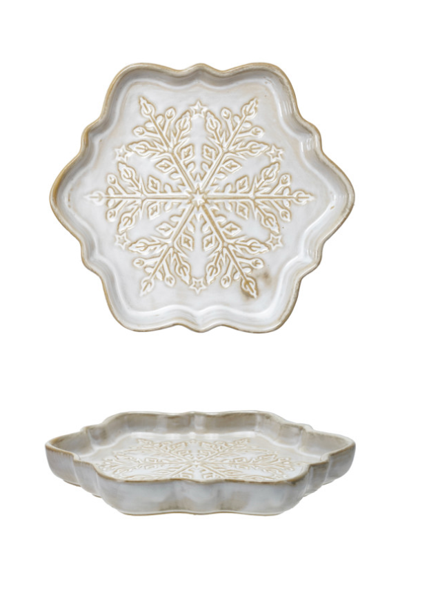 Stoneware Tree  and Snowflake Shaped Plate with Snowflakes, 2 Colors