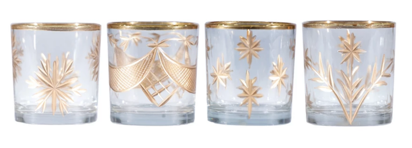 Hand Painted Etched Glass Votive Holders, Gold Finish