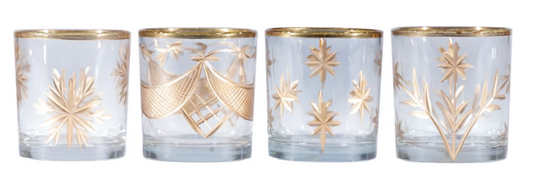 Hand Painted Etched Glass Votive Holders, Gold Finish