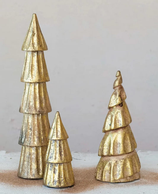 Carved Mango Wood Tree, Rubbed Gold Foil Finish