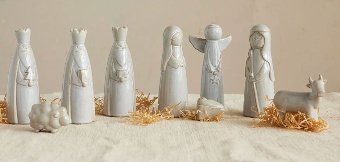 Stoneware Nativity Set, Reactive Glaze, White, Set of 9 (Each Will Vary)